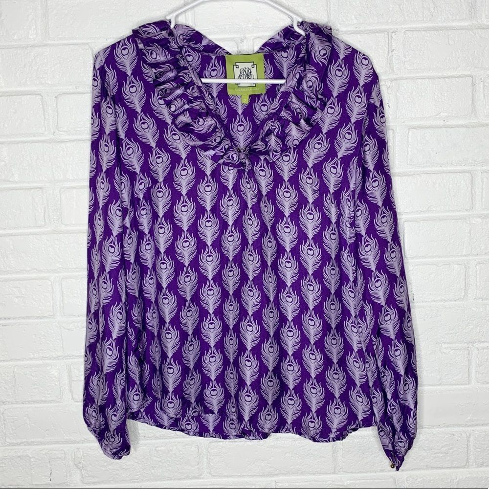 Elizabeth McKay Purple Collared Peacock Feather Print Silk Blouse size 2